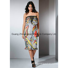 OEM Fashion Ladies Dress Chifon Metal Accessory Abstract Print Strapless Women Dress